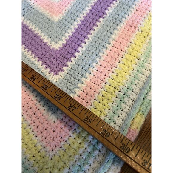 Pastel Rainbow Rectangle Handmade Crochet Knit Baby Blanket 1980s Retro Style - Picture 3 of 5